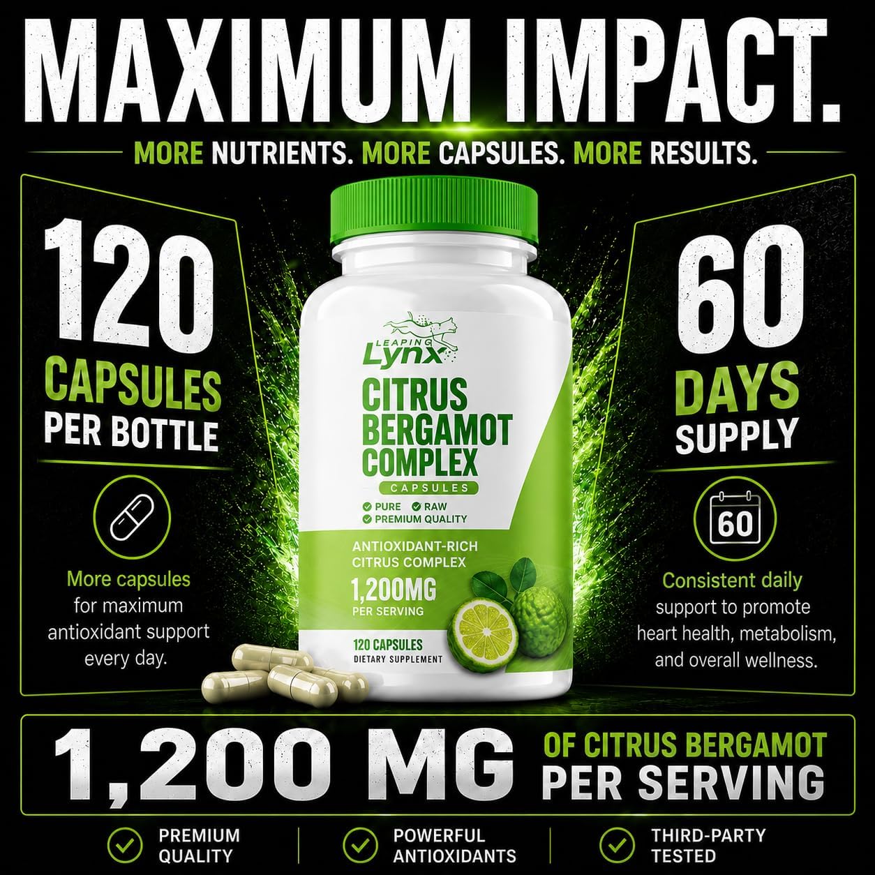 Citrus Bergamot 1200 mg – Apoyo Cardiovascular y Antioxidante | 120 Cápsulas (60 Días) | No Transgénico