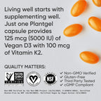 Sports Research Vitamina D3 K2 con 5000 UI de D3 Vegetal y 100 mcg de Vitamina K2 MK-7, No-GMO y Vegano - 160 Cápsulas Blandas