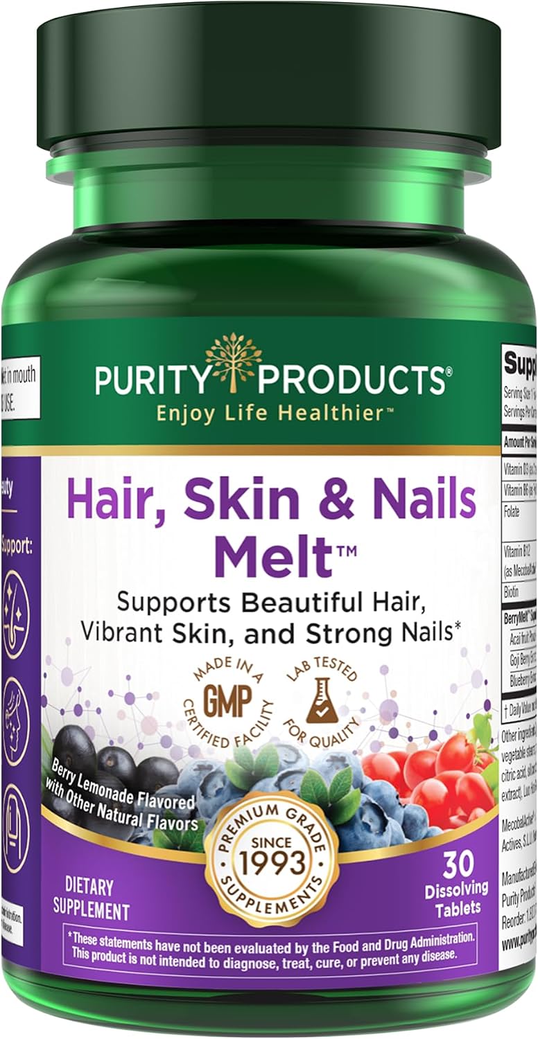 Purity Products Hair, Skin + Nails Melt – Biotina 2500mcg y B12 1000mcg, 30 Comprimidos Bucales Sabor Frambuesa Limón