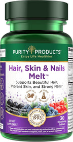 Purity Products Hair, Skin + Nails Melt – Biotina 2500mcg y B12 1000mcg, 30 Comprimidos Bucales Sabor Frambuesa Limón