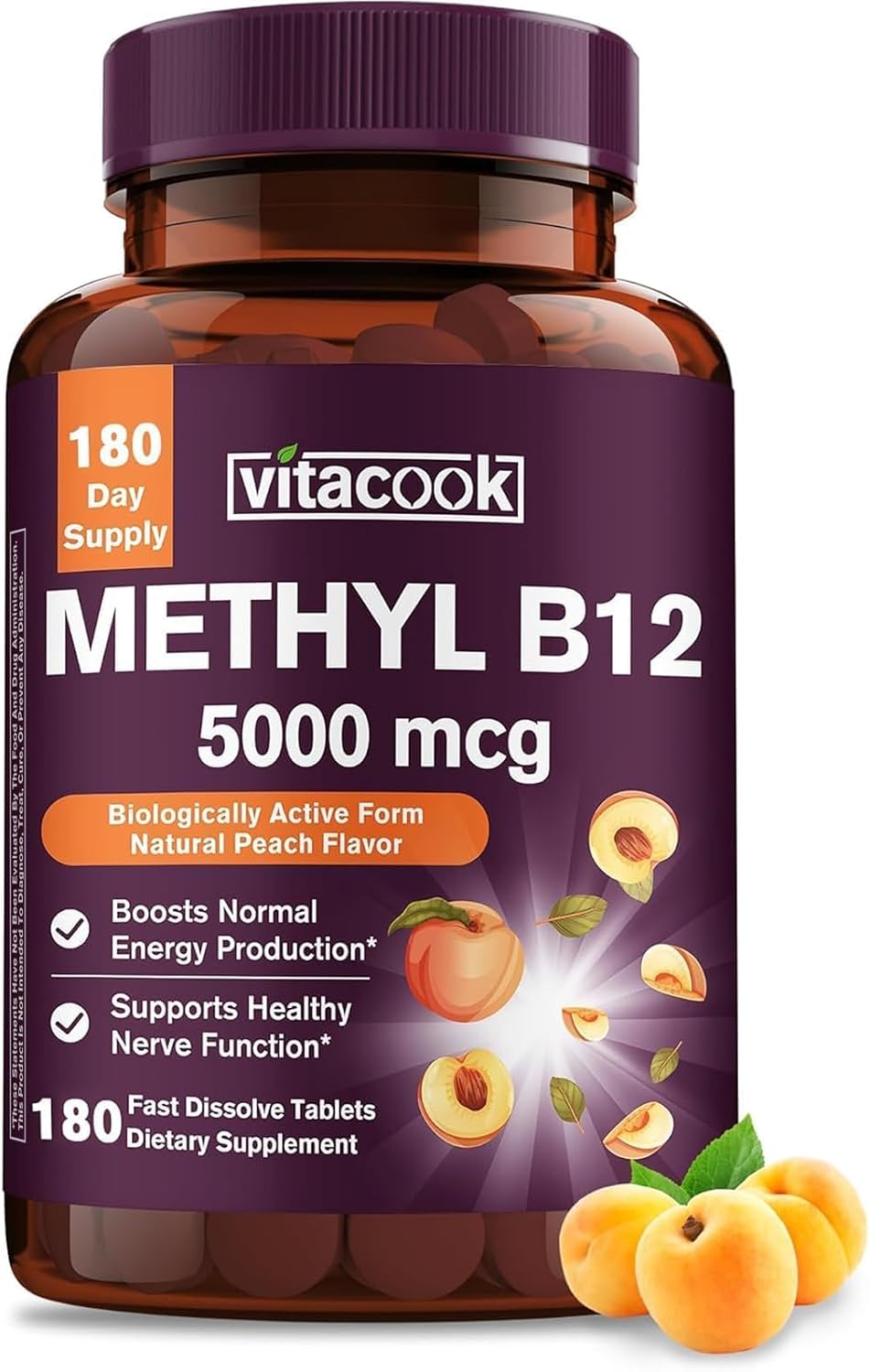 Vitamina B12 Sublingual, Metilcobalamina 5000mcg para Energía, Nervios y Células, Sabor Melocotón Natural, Vegano, Cero Azúcar, 90 Comprimidos de Disolución Rápida