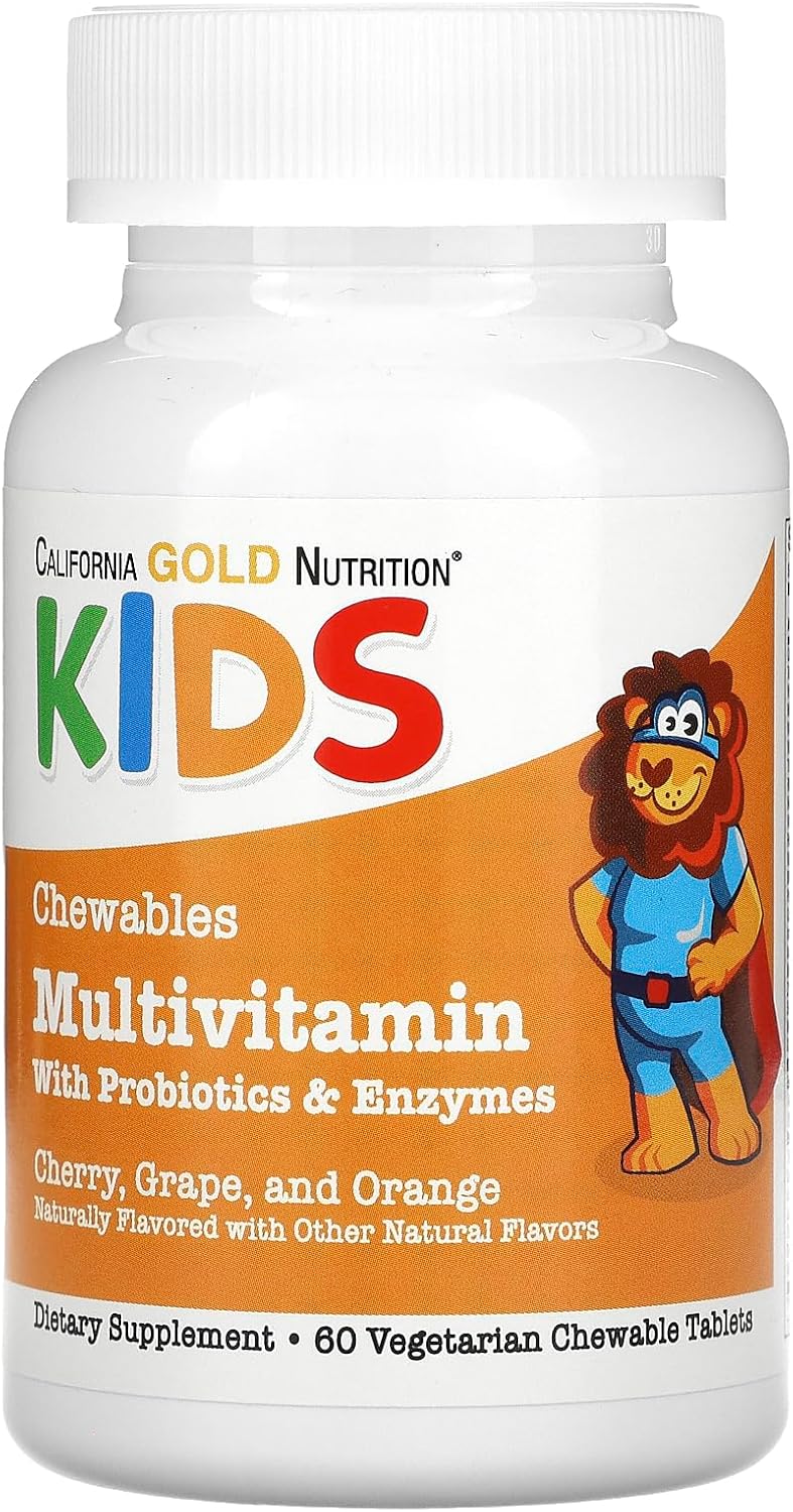 California Gold Nutrition Multivitamínico Masticable para Niños con Probióticos y Enzimas, Vitaminas A y C, Sabor a Frutas Variadas, 60 Comprimidos Vegetarianos