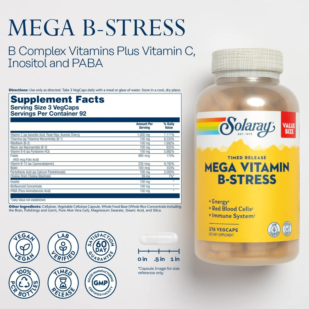 SOLARAY Mega Vitamin B-Stress - Complejo B de Liberación Prolongada con Vitamina B12, B6, Ácido Fólico, Vitamina C - Apoyo para el Estrés, Energía, Glóbulos Rojos, Sistema Inmunológico - Vegano, 276 Comprimidos