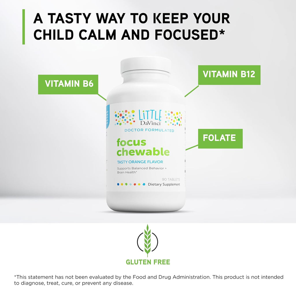 Little DaVinci Focus Chewable - Suplemento para la Concentración y la Salud Cerebral Infantil - Con Vitamina B6, Folato, Vitamina B12 y Magnesio - Sabor Naranja - Sin Azúcar - 90 Comprimidos
