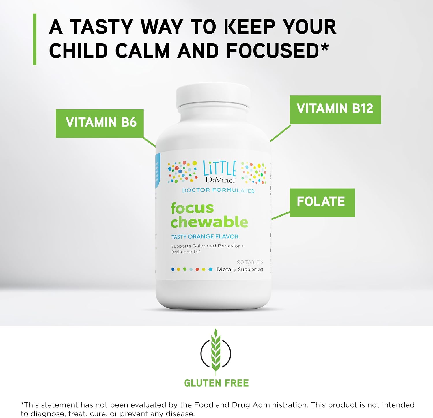 Little DaVinci Focus Chewable - Suplemento para la Concentración y la Salud Cerebral Infantil - Con Vitamina B6, Folato, Vitamina B12 y Magnesio - Sabor Naranja - Sin Azúcar - 90 Comprimidos