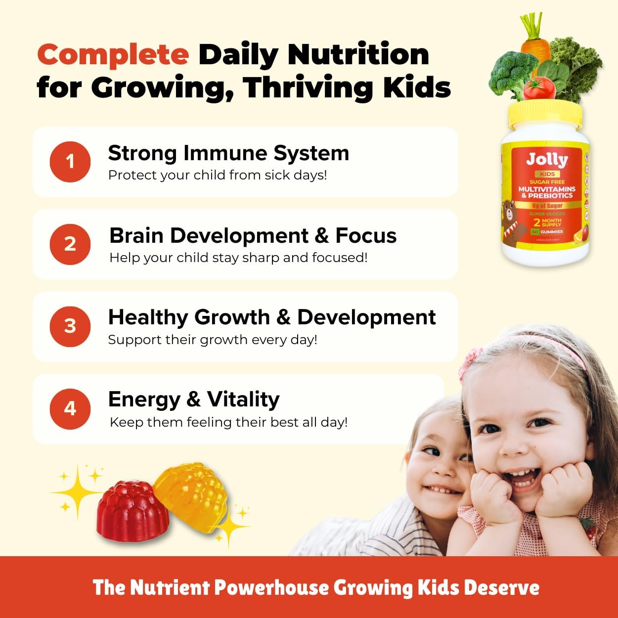 Jolly Kids Multivitamin Gummies - 60 Gominolas Multivitamínicas Sin Azúcar para Niños de 4-12 Años, con Alulosa y Prebióticos, Orgánicas, Sabor Fresa Limón