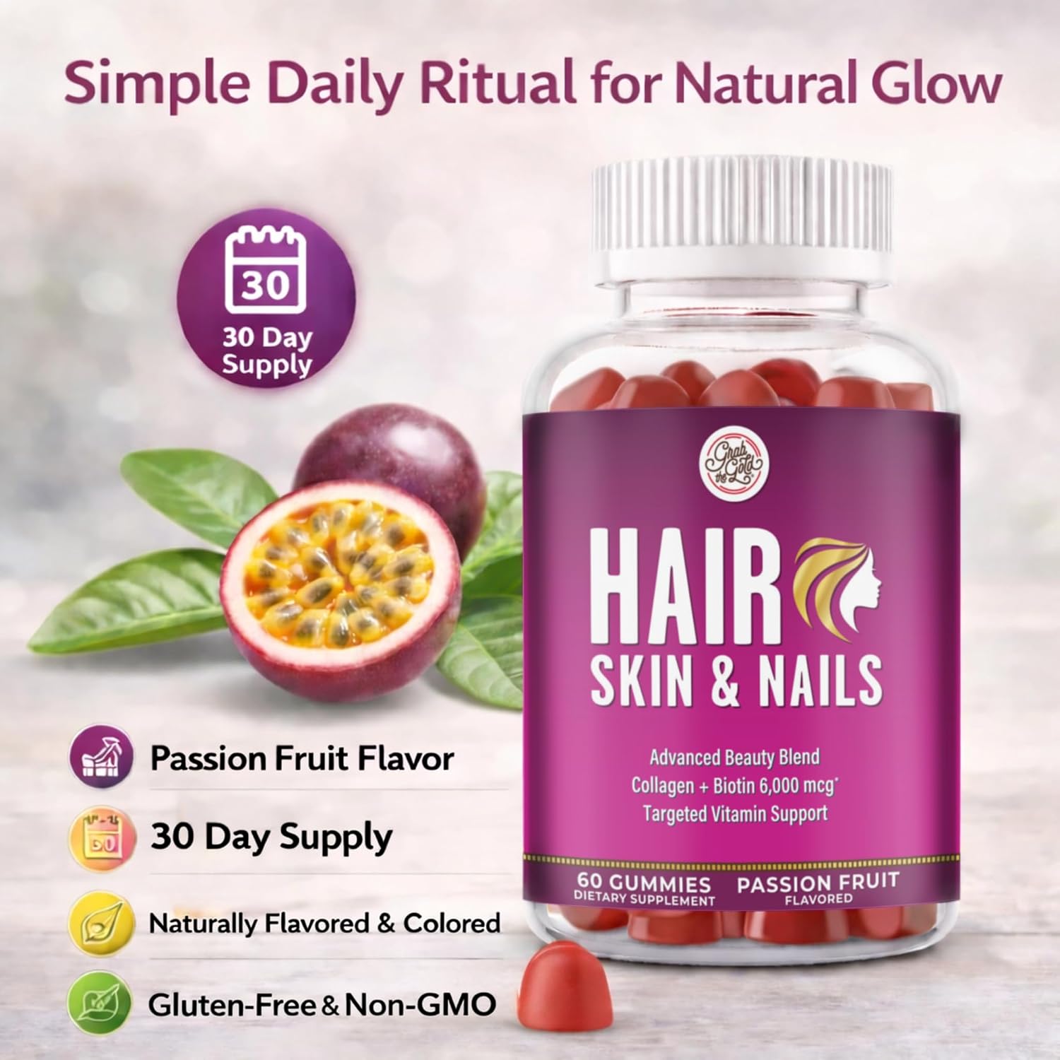 Grab The Gold Vitaminas para Cabello, Piel y Uñas | Gominolas con Biotina 6000 mcg y Colágeno | Sabor Maracuyá | Sin Gluten, No-GMO