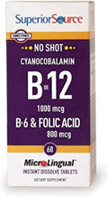 Superior Source No Shot Vitamina B-12 (Cianocobalamina) 1000 mcg, B-6 y Ácido Fólico 800 mcg, 60 Comprimidos Sublinguales