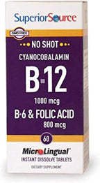 Superior Source No Shot Vitamina B-12 (Cianocobalamina) 1000 mcg, B-6 y Ácido Fólico 800 mcg, 60 Comprimidos Sublinguales