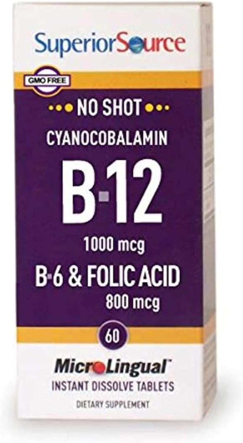 Superior Source No Shot Vitamina B-12 (Cianocobalamina) 1000 mcg, B-6 y Ácido Fólico 800 mcg, 60 Comprimidos Sublinguales