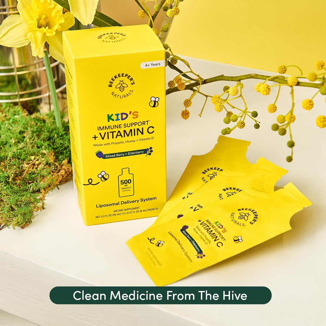 Beekeeper's Naturals Kid's Immune Liposomal Vitamin C - 500 mg de Vitamina C con Saúco, Vitamina D, Propóleo y Miel - Sabor Bayas Mixtas - 30 Sobres