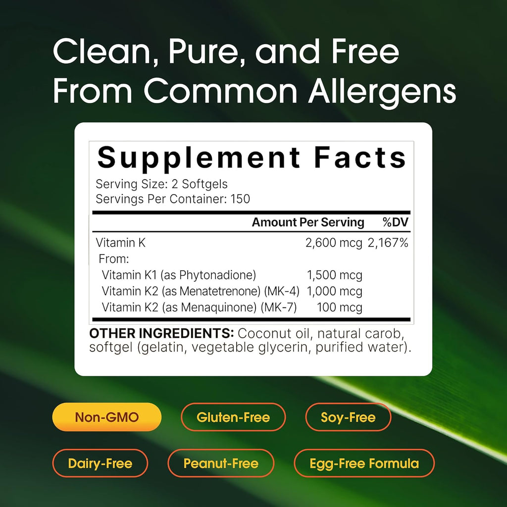NatureBell Complejo de Vitamina K - 300 Cápsulas Blandas - 2600mcg de Vitamina K - Espectro Completo K1 y K2 MK-4 y MK-7