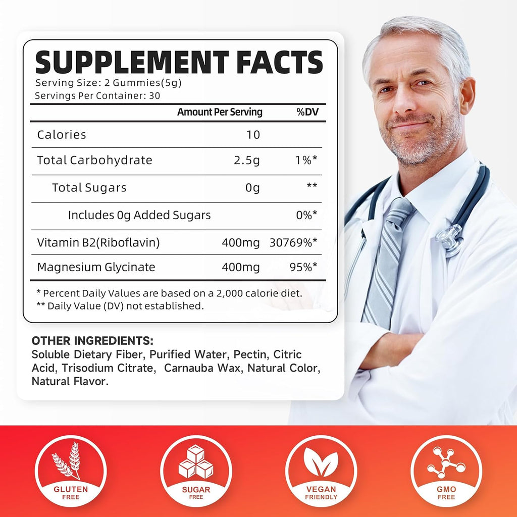 GrnLife Gominolas de Vitamina B2 (Riboflavina) 400mg con Magnesio - 120 Gominolas Sabor Fresa
