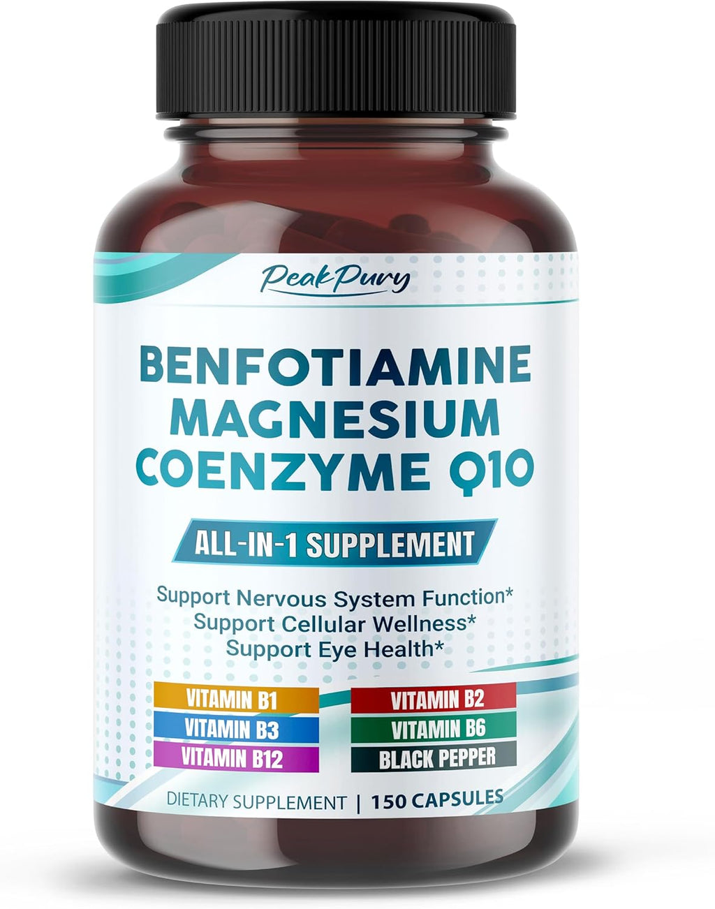 Benfotiamina con Magnesio y Coenzima Q10 - Apoya la Salud Nerviosa, Celular y Ocular - 150 Cápsulas