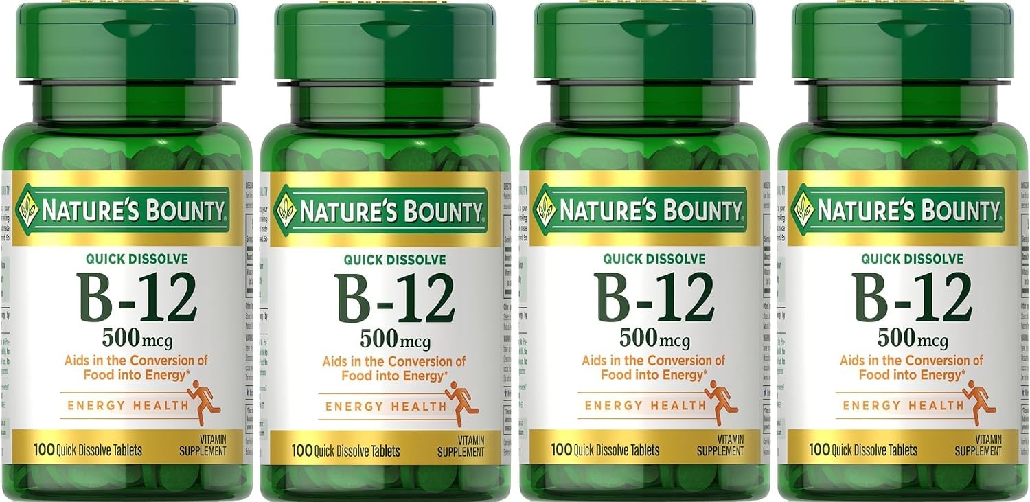 Nature's Bounty Vitamina B-12 500 mcg, 100 Comprimidos (Paquete de 4)