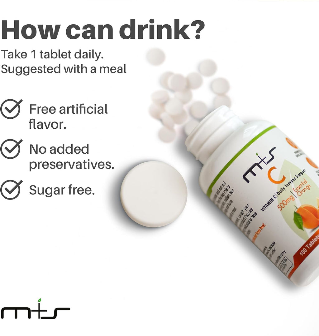 M+S Vitamina C 500 mg – 100 Comprimidos – Vegano, Sin Azúcar, Sabor Naranja