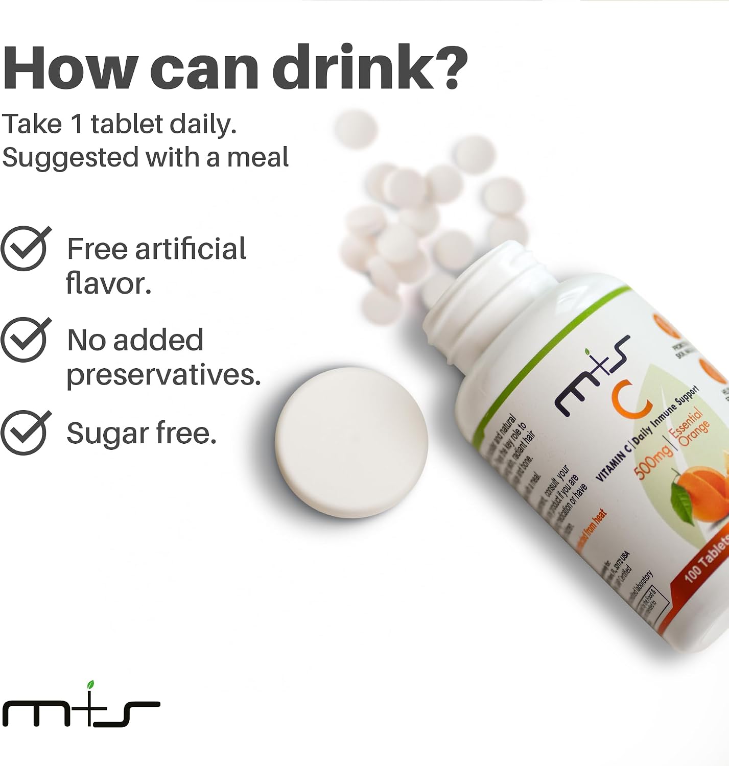 M+S Vitamina C 500 mg – 100 Comprimidos – Vegano, Sin Azúcar, Sabor Naranja