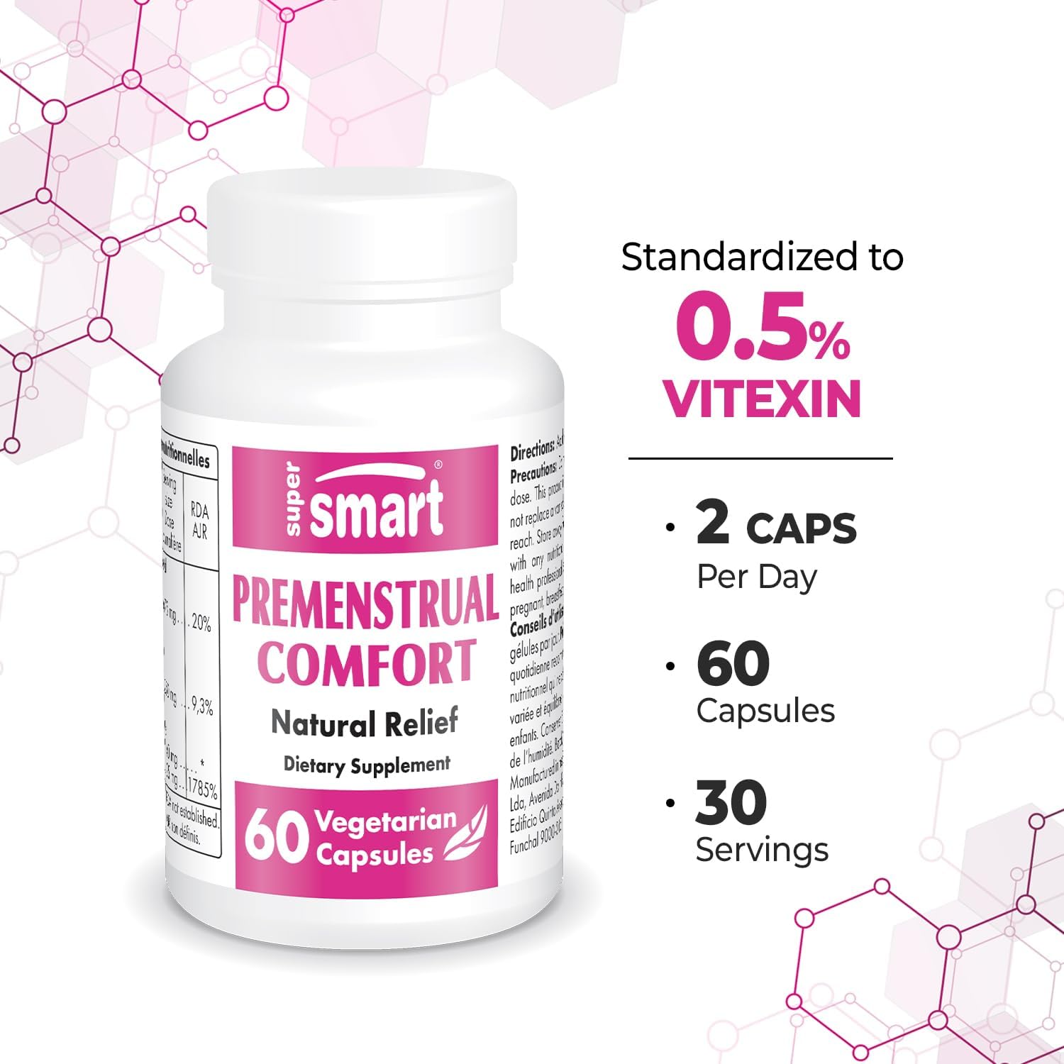 SuperSmart Premenstrual Comfort (Fórmula Avanzada) - Vitex Agnus-Castus y Vitamina B6 - 60 Cápsulas Vegetales
