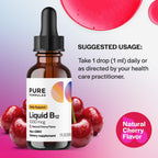 PureFormulas Vitamina B12 1000 mcg - Gotas Sublinguales Sabor Cereza Natural - Sin OGM y Sin Alérgenos - 30 ml