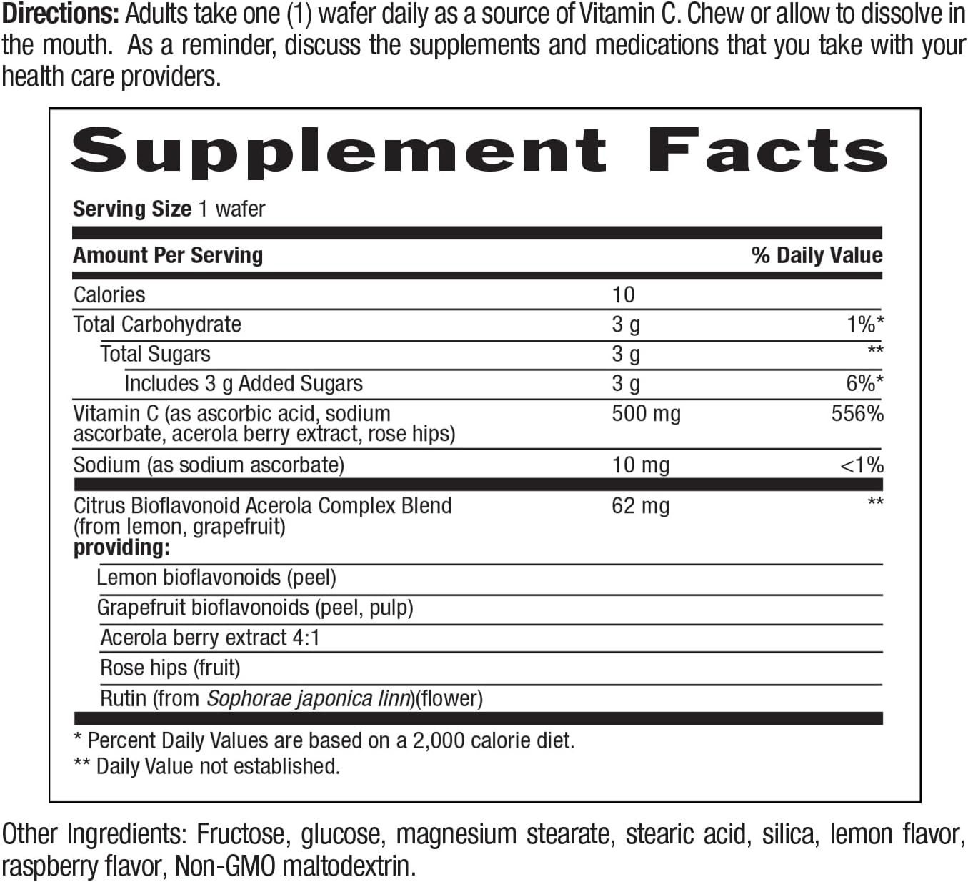 Country Life Acerola Vitamin C Complex 500mg, Obleas Masticables Sabor Baya con Bioflavonoides Cítricos y Escaramujo - 90 Obleas