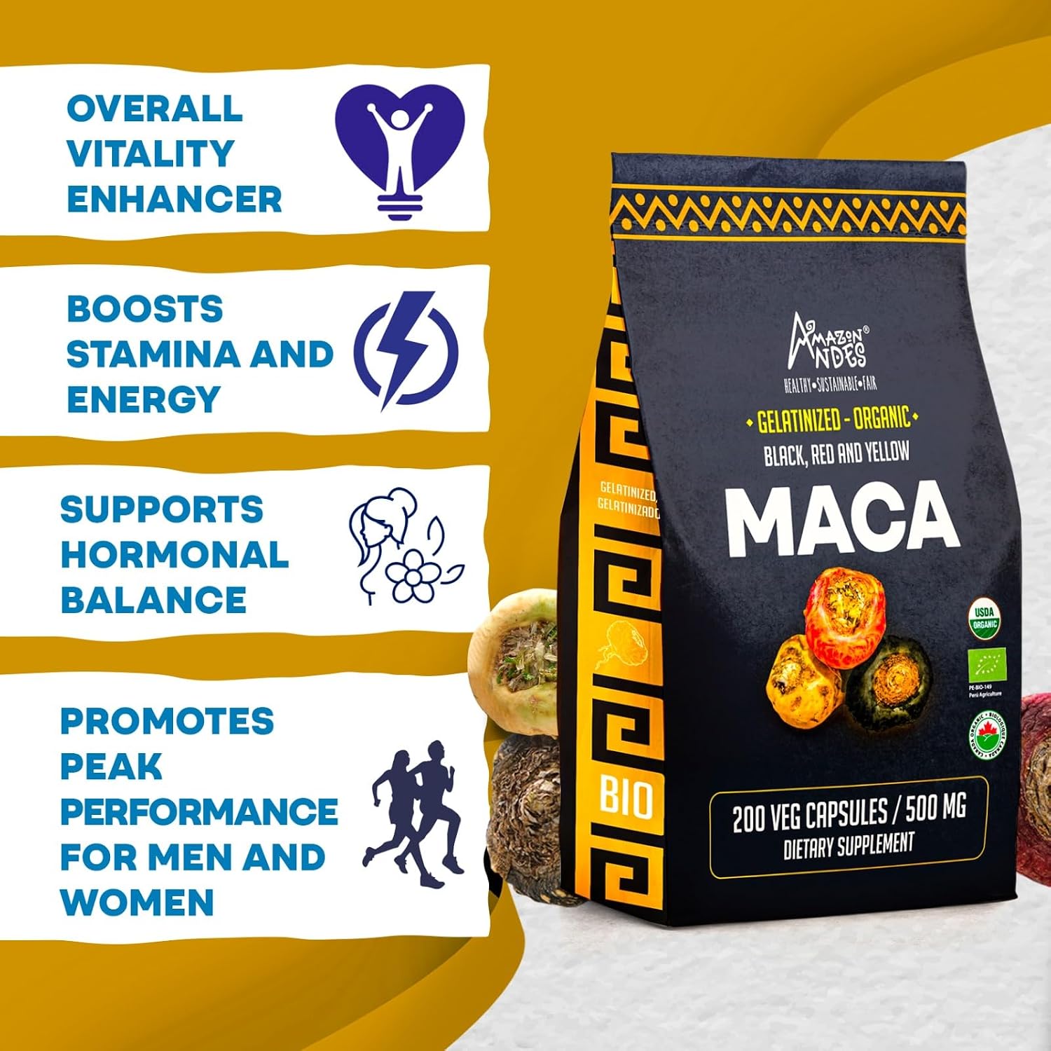 Cápsulas de Maca Negra, Roja y Amarilla Premium – 3000mg por Ración