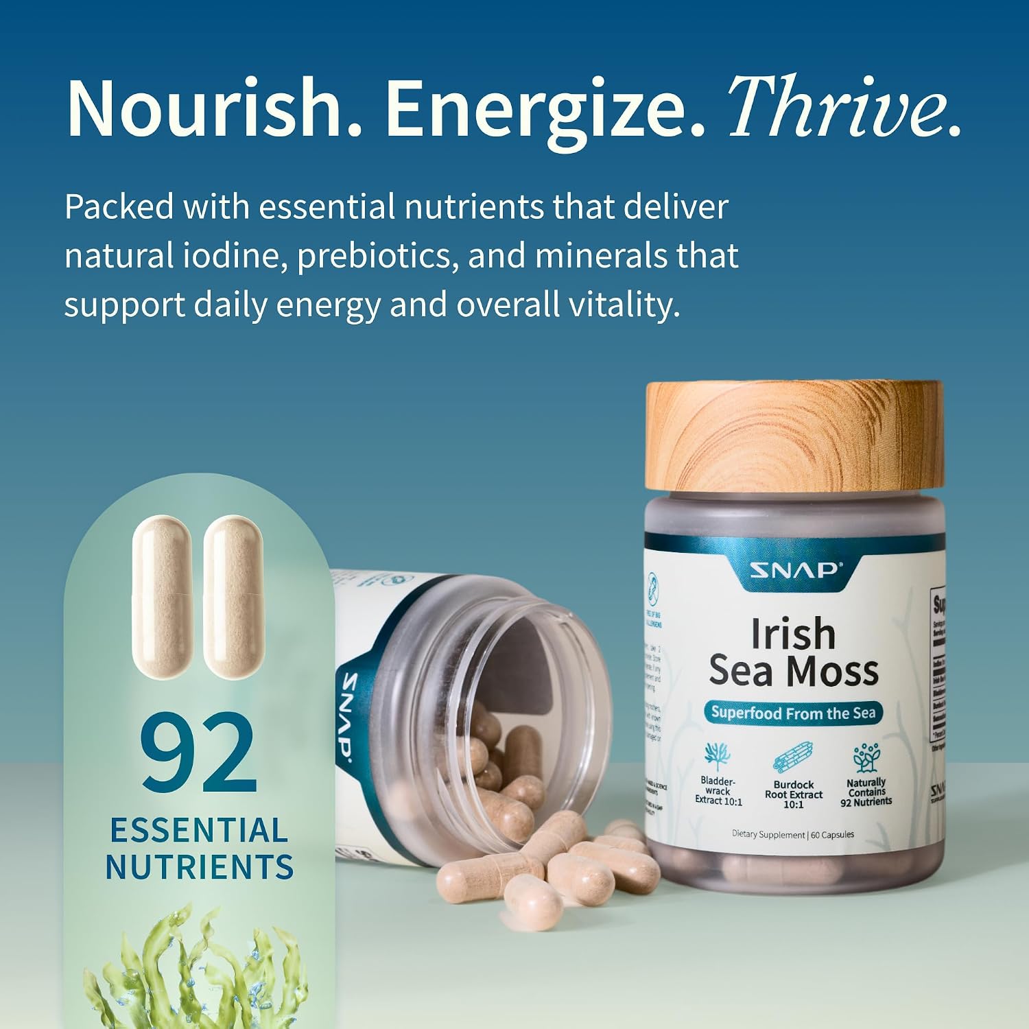Snap Supplements Irish Sea Moss con Bladderwrack, Burdock Root y Yodo – 60 Cápsulas Veganas