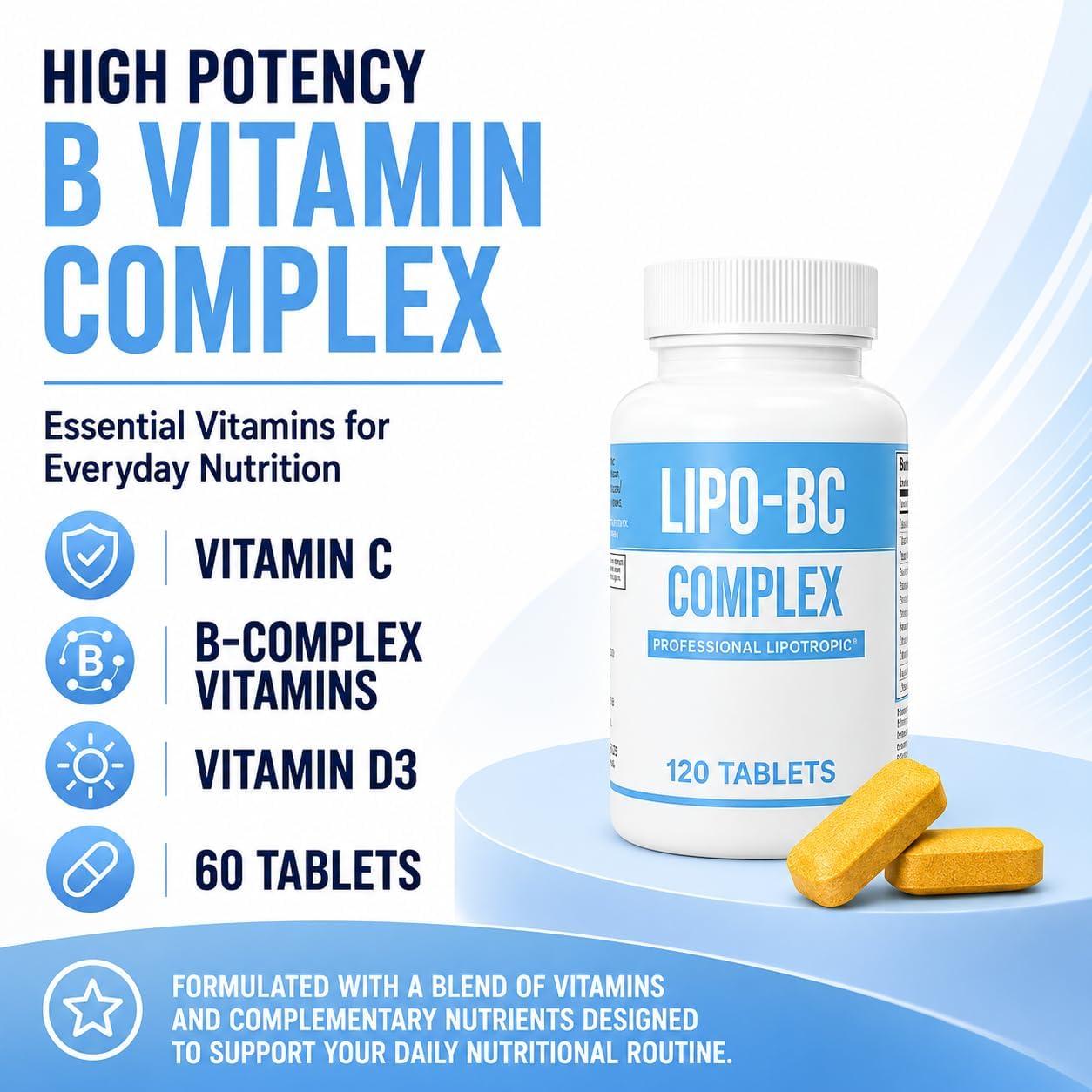 Legere Lipo-BC Complejo B con Lipotrópicos, Vitamina C y D3 - 120 Comprimidos