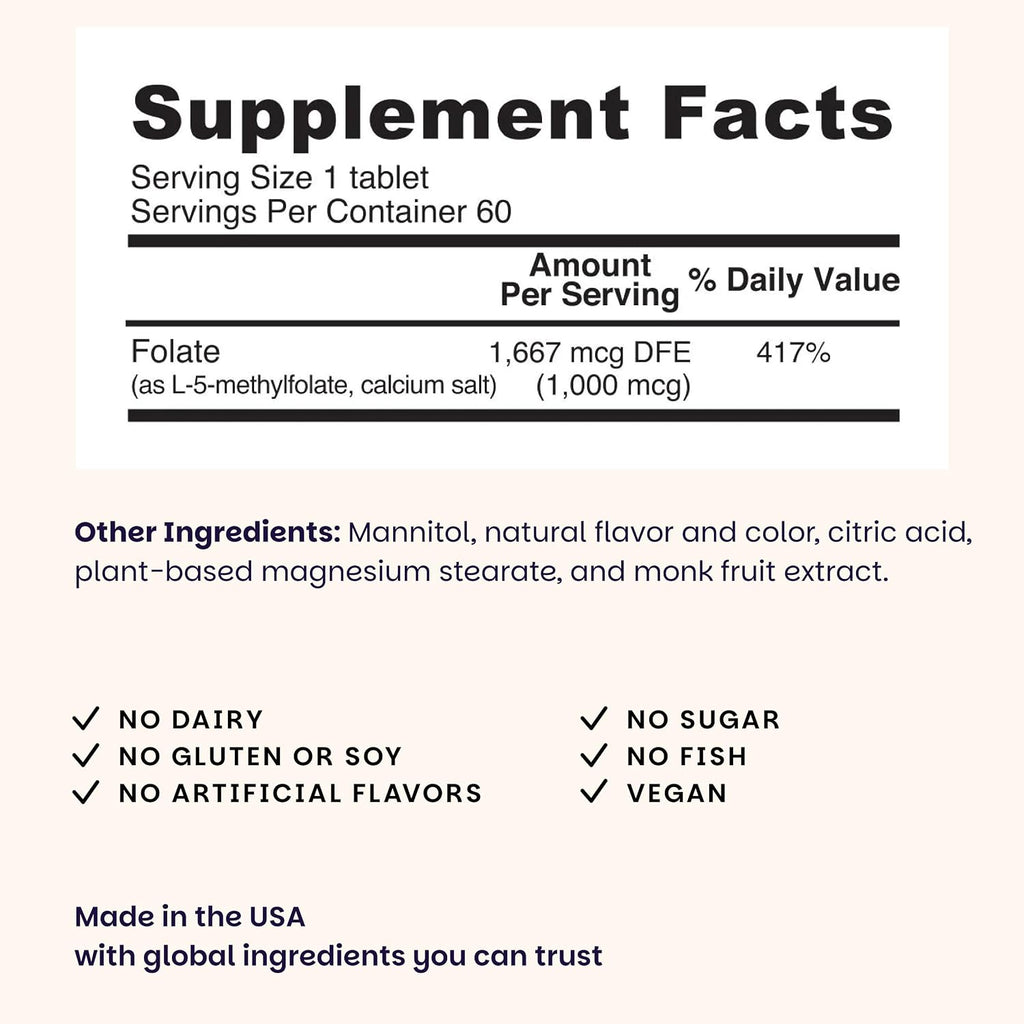 EZ Melts Folato Disolvable 1,667 mcg DFE - Complemento de Folato Metilado - Salud Cardíaca y Desarrollo Fetal Saludable - No GMO, Vegano y Sin Lácteos - Sabor Naranja - 60 Comprimidos Disolubles
