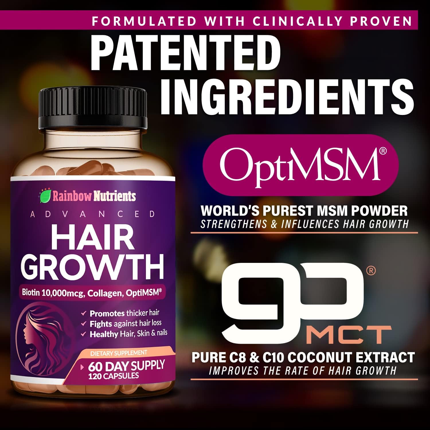 Vitaminas para el Crecimiento del Cabello para Mujeres con Biotina 10.000 mcg, Colágeno, OptiMSM, goMCT y Saw Palmetto - 2 Envases