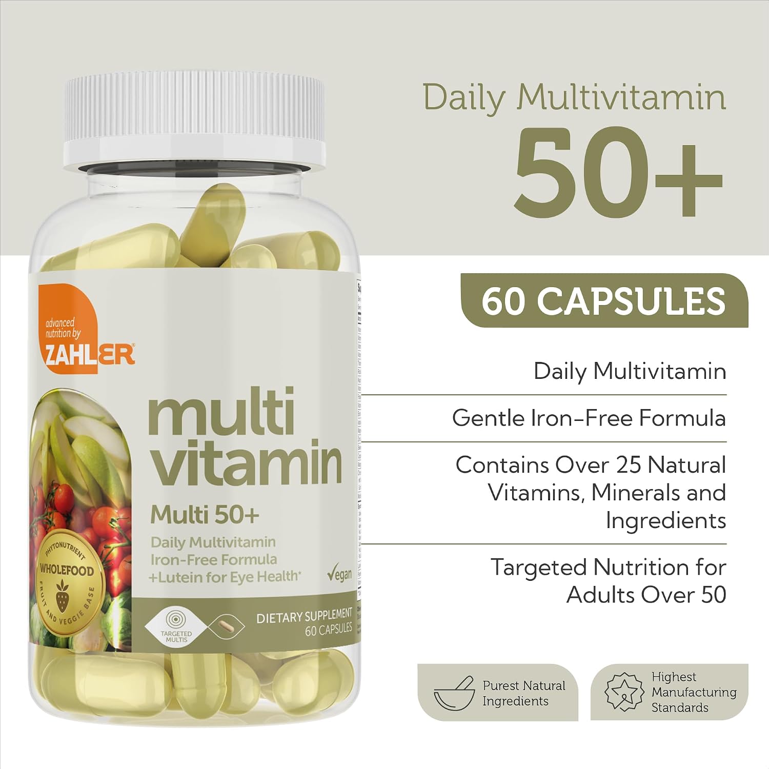 Zahler Multivitamínico 50+ Sin Hierro con Luteína, 60 Cápsulas
