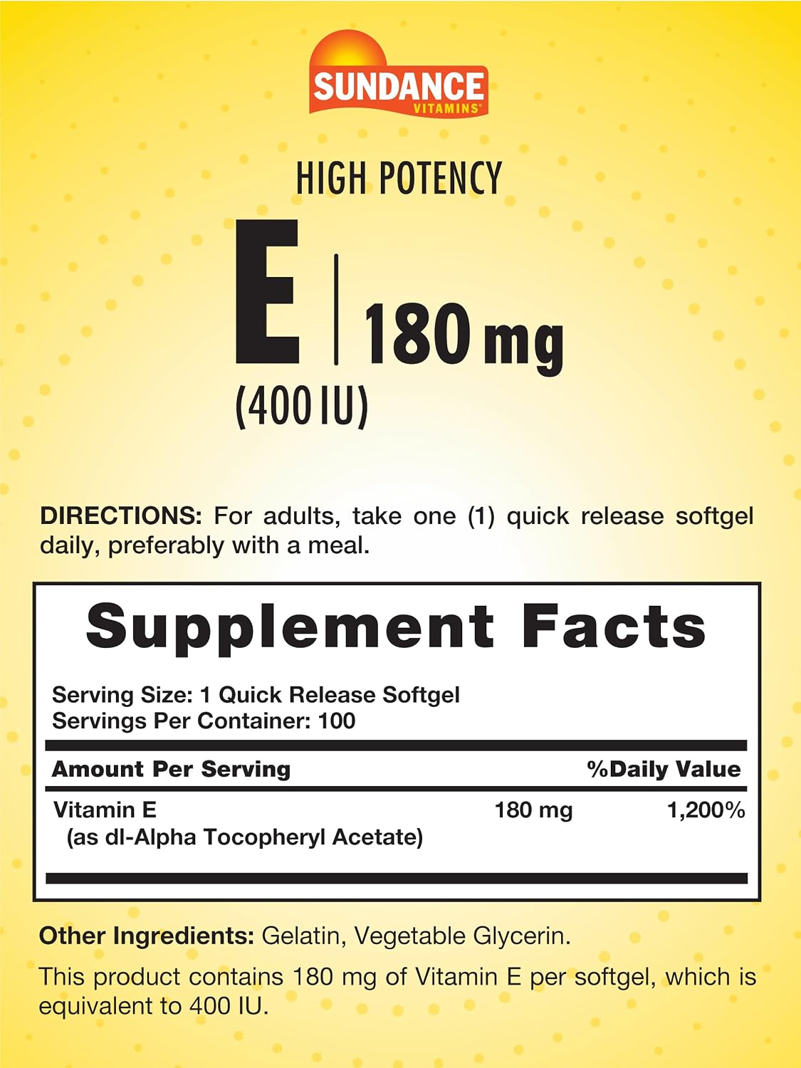 Sundance Vitamina E 180 mg (400 UI) - 100 Cápsulas Blandas