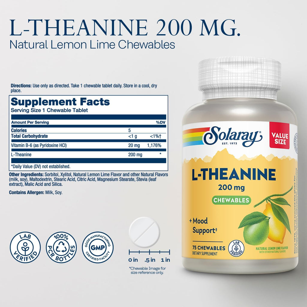Solaray L-Teanina 200mg + Vitamina B6, 75 Comprimidos Masticables