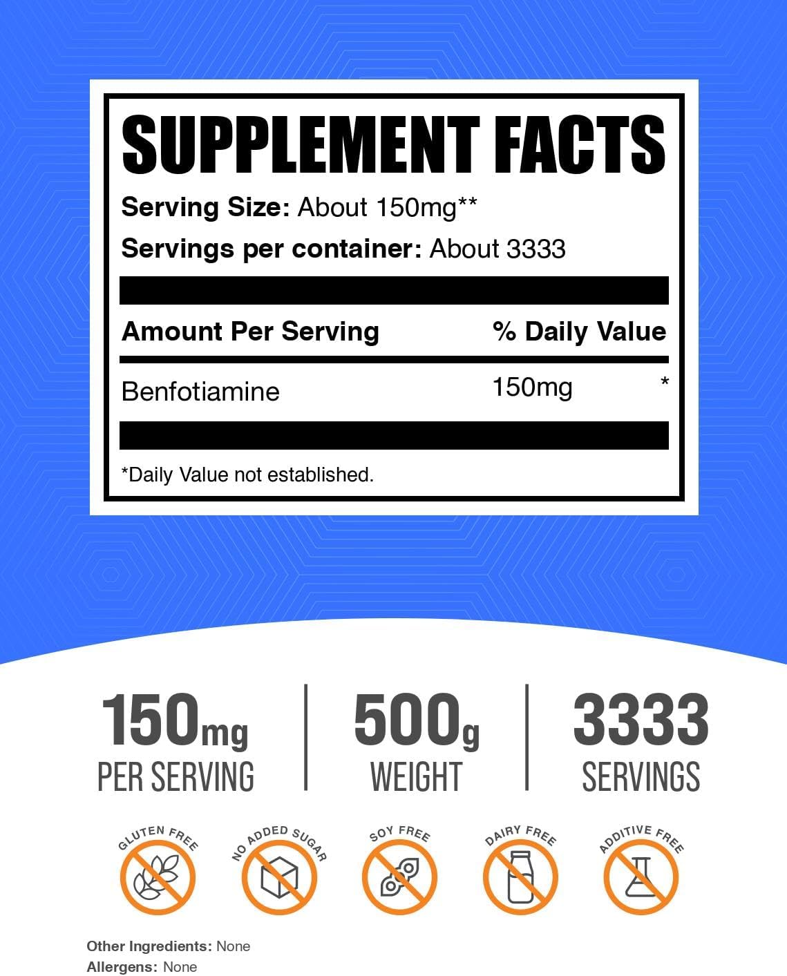 Benfotiamine Powder - Fat Soluble Vitamin B1 Supplement, 150mg per Serving, 500g