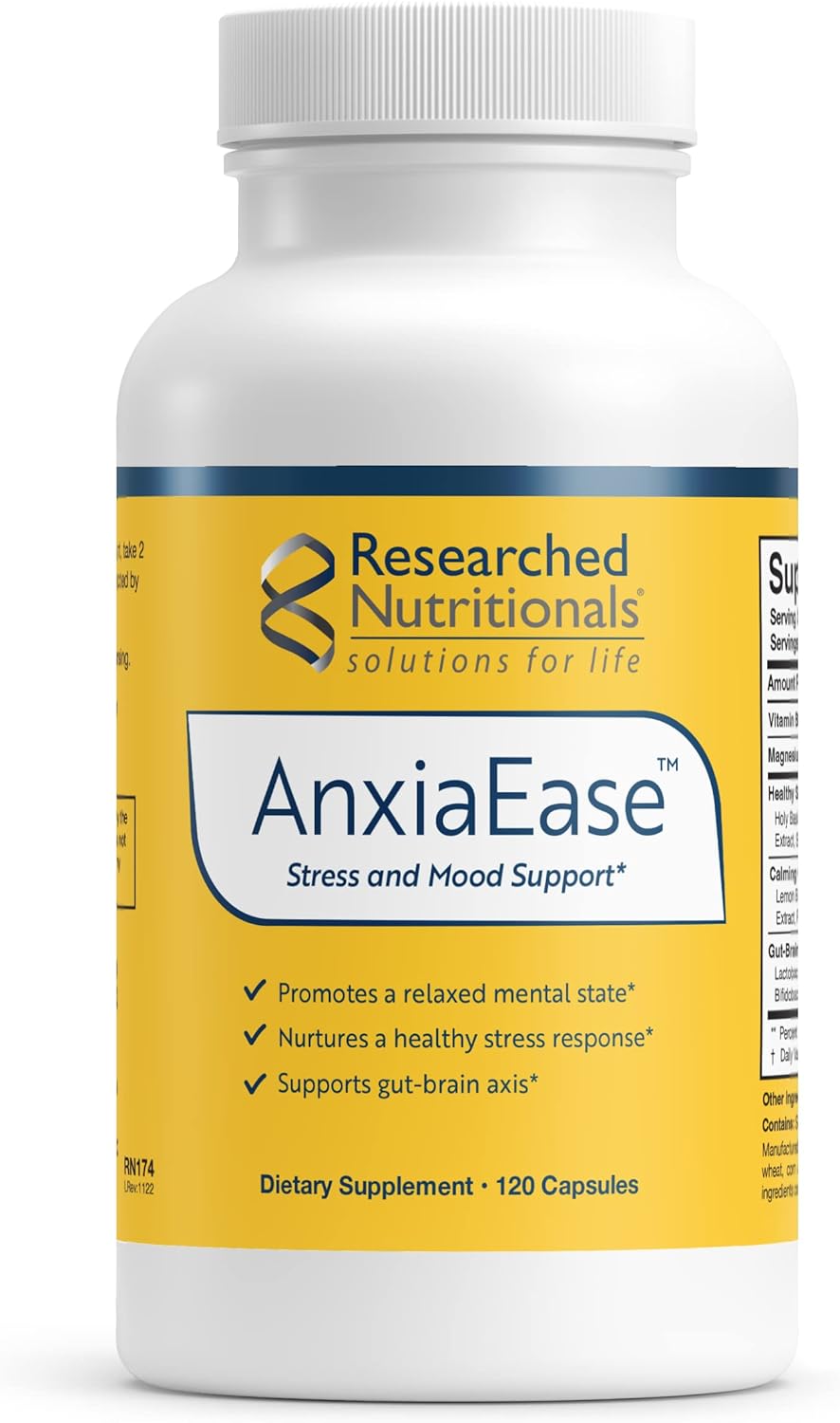 Researched Nutritionals AnxiaEase - Suplemento para el Estrés, Cortisol y Estado de Ánimo (120 Cápsulas)
