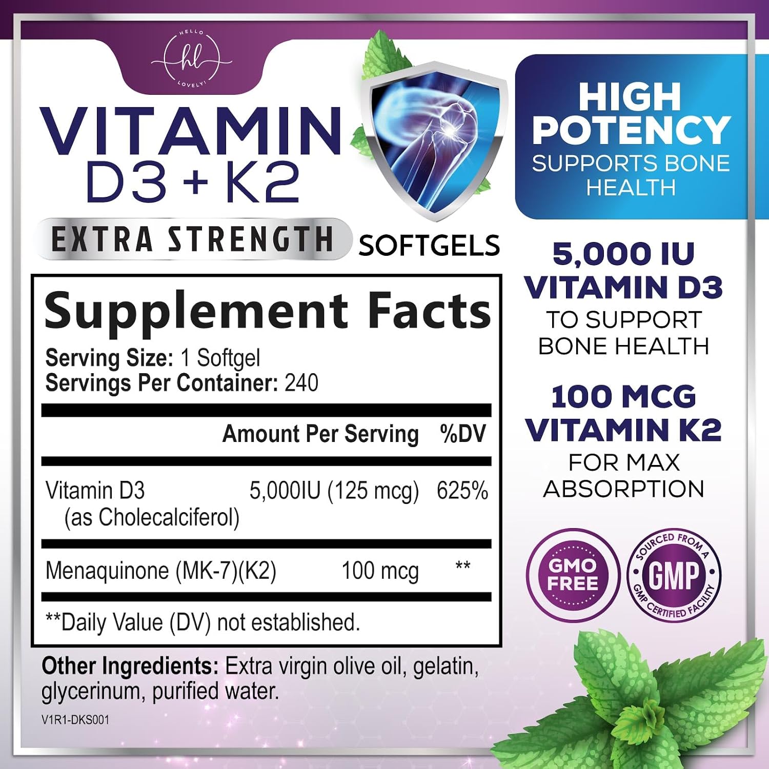 Vitamina D3 5000 IU con K2 MK-7 – 240 Cápsulas Blandas – Hello Lovely!