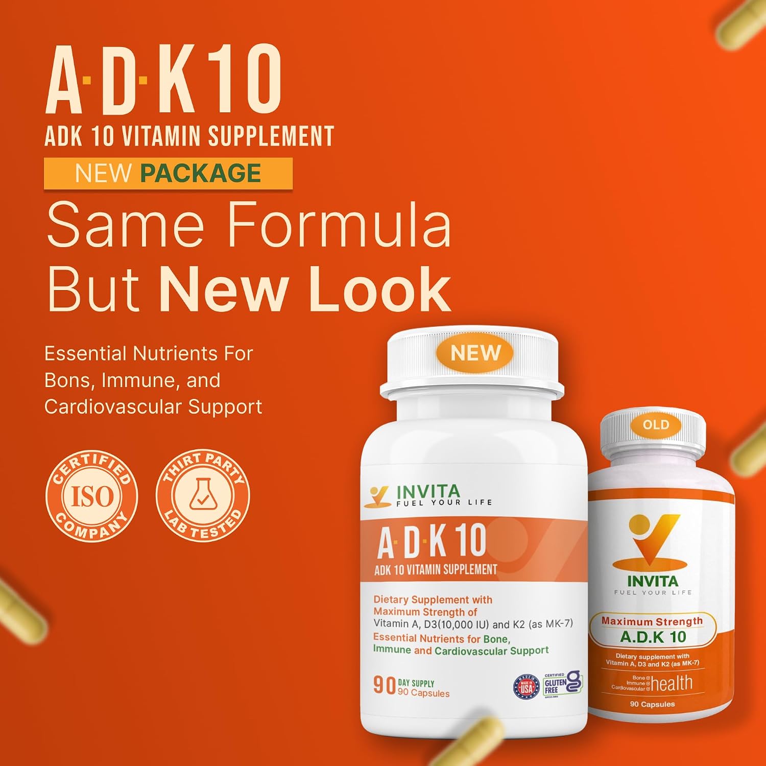 INVITA ADK 10 – Suplemento de Vitaminas A, D3 10,000 UI y K2-MK7 – 90 Cápsulas