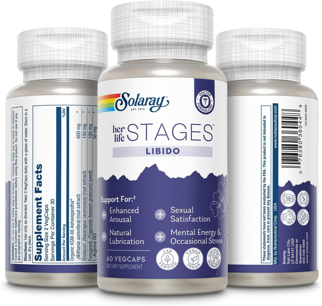 SOLARAY Libido her Life Stages - Apoyo a la Lubricación Natural y Aumento del Deseo Femenino - Cápsulas de Shatavari, Fenugreco, Ashwagandha Orgánica - Sin Hormonas - 60 Cápsulas Vegetales