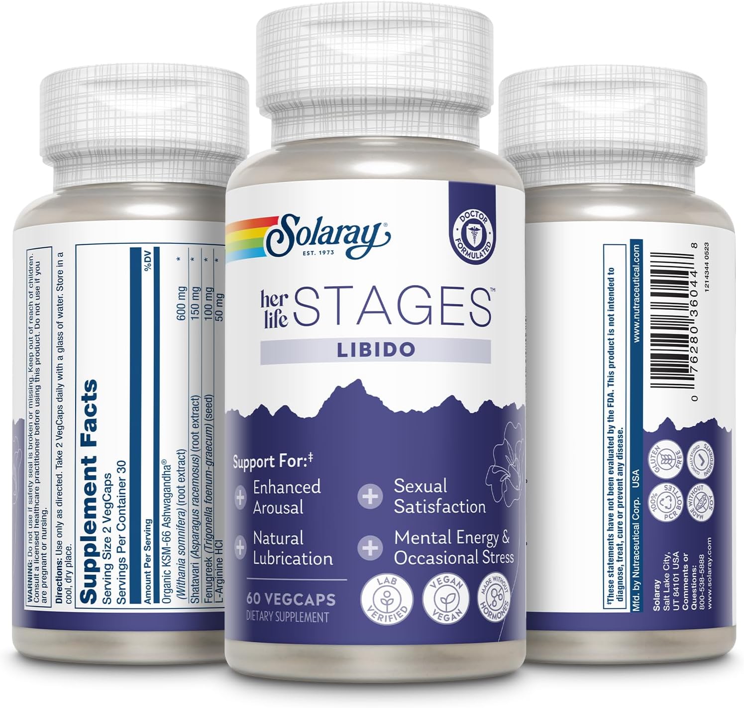 SOLARAY Libido her Life Stages - Apoyo a la Lubricación Natural y Aumento del Deseo Femenino - Cápsulas de Shatavari, Fenugreco, Ashwagandha Orgánica - Sin Hormonas - 60 Cápsulas Vegetales