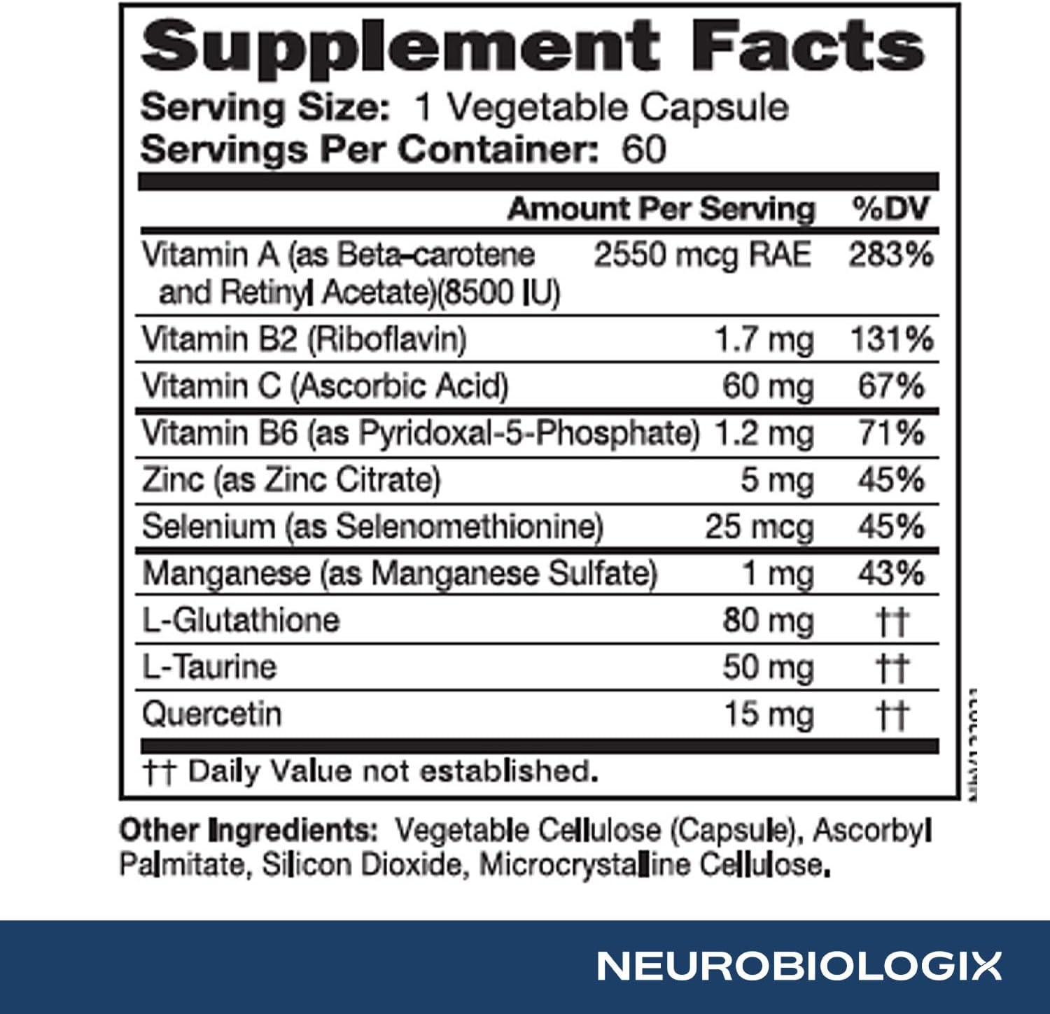 Neurobiologix Glutathione Ultra, Complejo Antioxidante con L-Glutation, Vitaminas y Minerales, 60 Cápsulas Vegetarianas