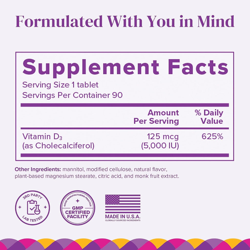 BariMelts Vitamina D3 5000 IU, 90 Tabletas de Disolución Rápida con Sabor Natural a Manzana
