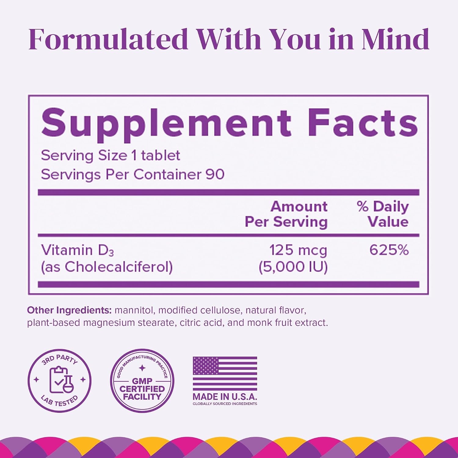 BariMelts Vitamina D3 5000 IU, 90 Tabletas de Disolución Rápida con Sabor Natural a Manzana