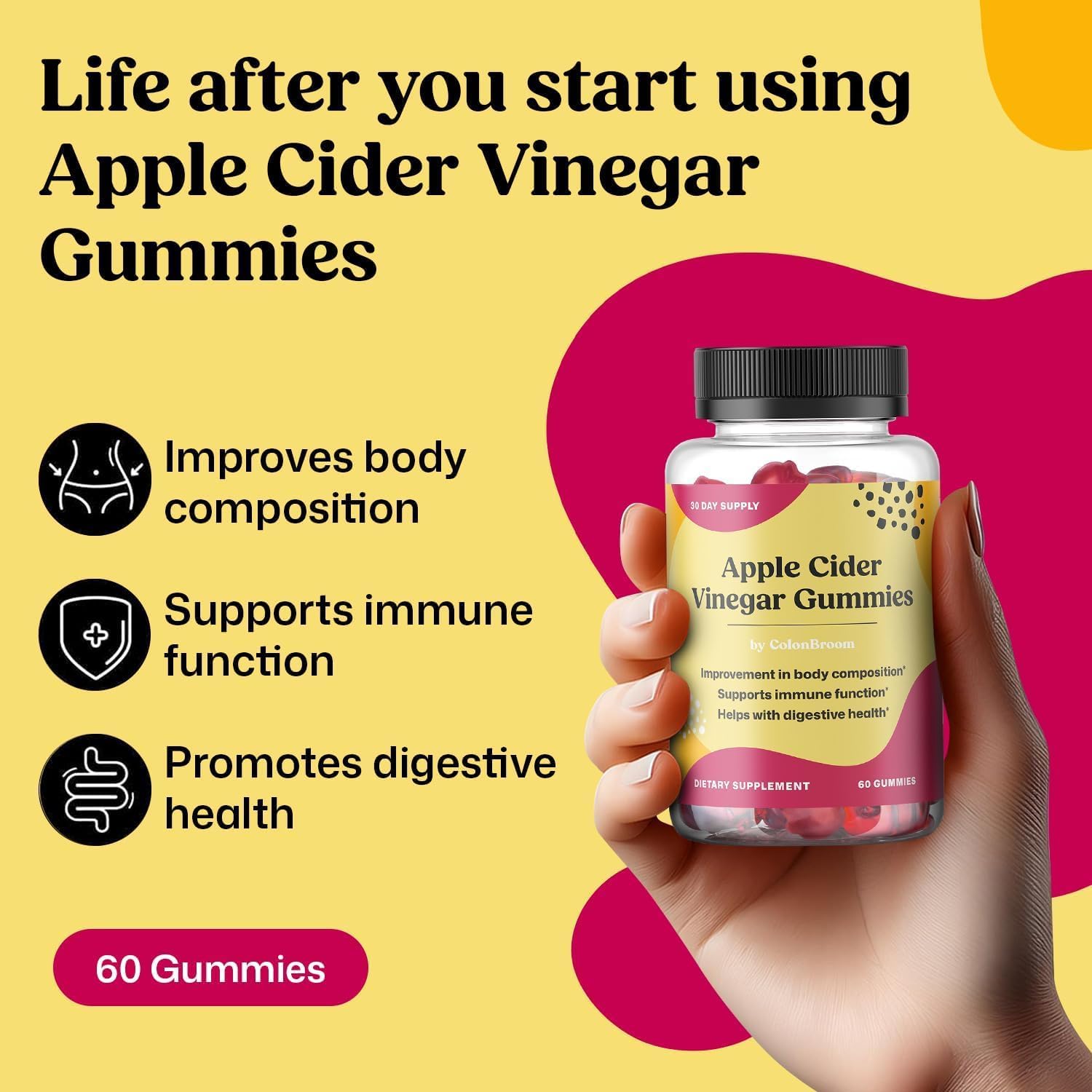 ColonBroom Gominolas de Vinagre de Manzana para Mujeres, 60 Gominolas, 30 Días de Suministro, Vegano, No OGM