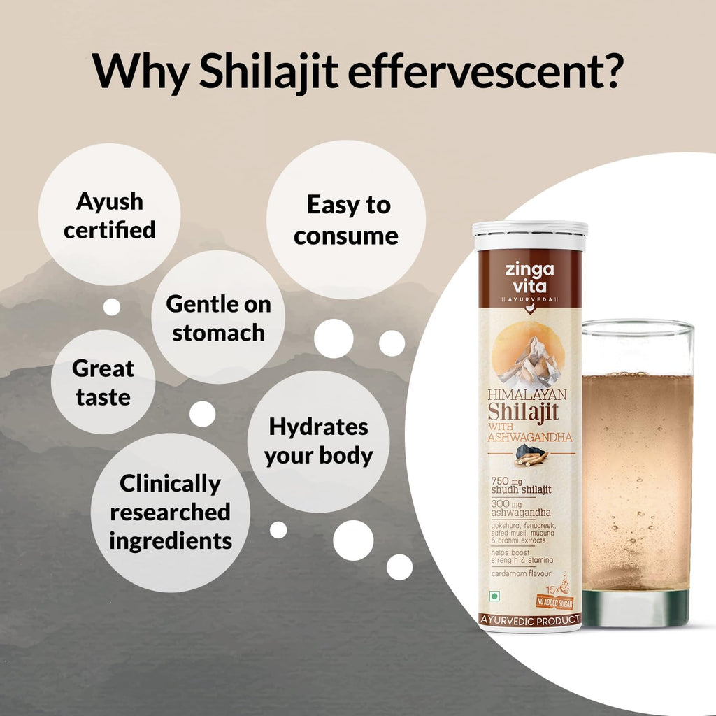 Zingavita Ayurveda Himalayan Shilajit 750mg Efervescente con Ashwagandha, Gokshuru, Fenogreco, Brahmi y Safed Musli - Pack de 2