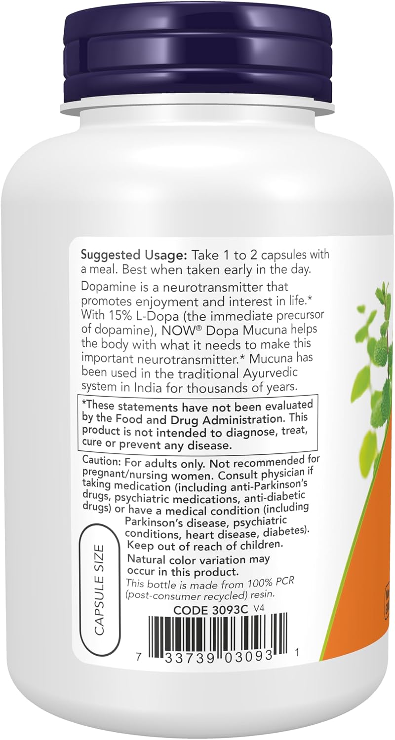 NOW Foods DOPA Mucuna, Extracto Estandarizado de Mucuna con L-Dopa (15% natural), 180 Cápsulas Vegetales