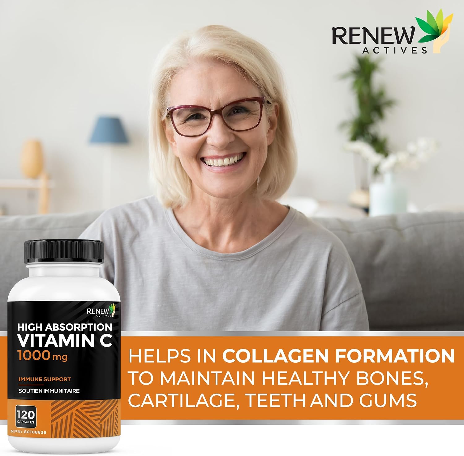 RENEW ACTIVES Maximum Strength Vitamina C 1000 mg por ración – Antioxidante y Refuerzo Inmunitario – No-GMO, Sin Azúcar, 120 Cápsulas – Hecho en Canadá