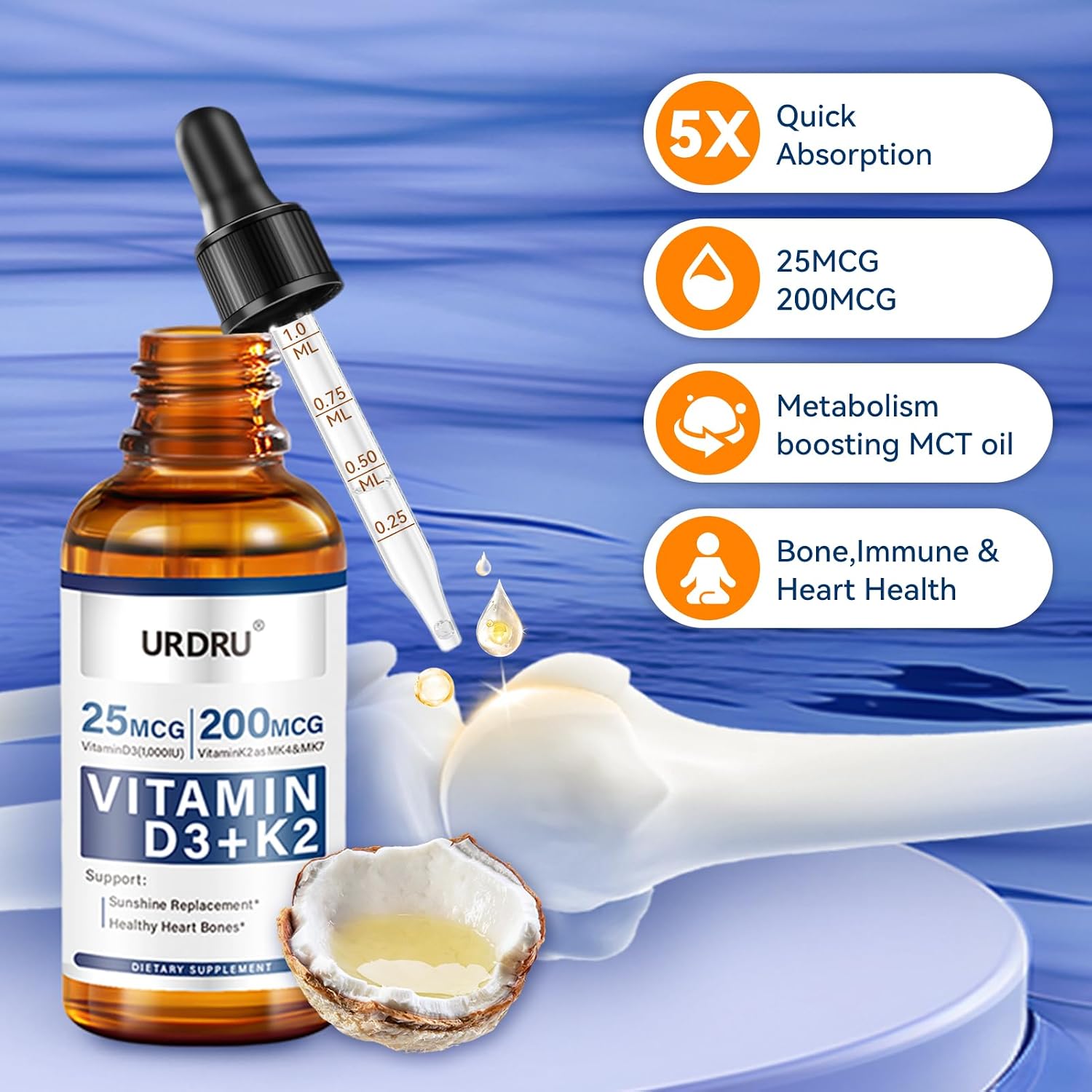 URDRU Gotas Líquidas Orgánicas de Vitamina D3 y K2 - 30ml