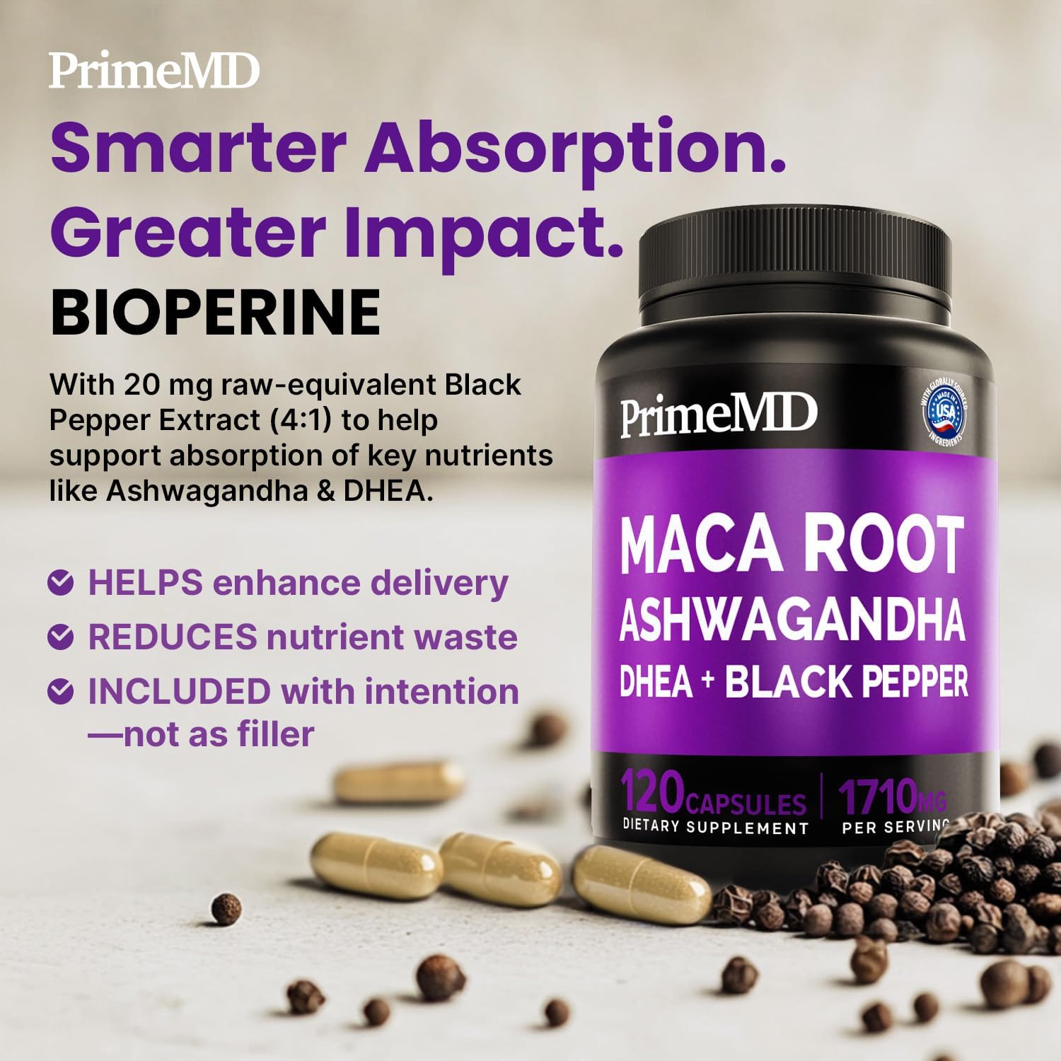 PrimeMD 6 en 1 Maca orgánica, Ashwagandha y DHEA en cápsulas 1710 mg con extracto de pimienta negra - Suplemento de maca negra para hombres y mujeres, 120 cápsulas (Pack de 3)