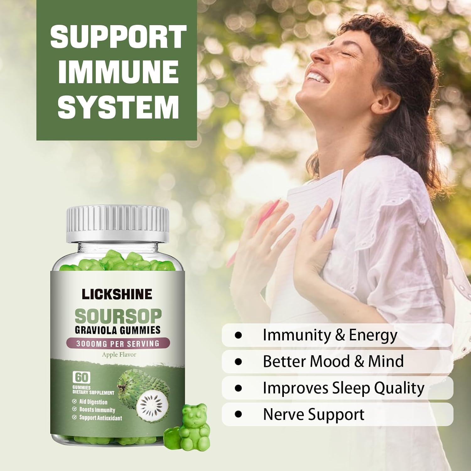 lickshine 2 Pack Gominolas de Graviola - 3000mg Extra Fuerte con Vitamina C y Zinc - Apoyo Digestivo e Inmunitario - Sin Azúcar, No GMO, Vegano, 120 unidades