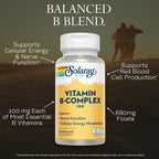 SOLARAY Complejo B 100mg - Energía Celular, Apoyo Nervioso y Cardíaco - 8 Vitaminas B - B12, B1, B2, B3, B6, Niacina, Ácido Fólico y Biotina - Vegano, 50 Cápsulas