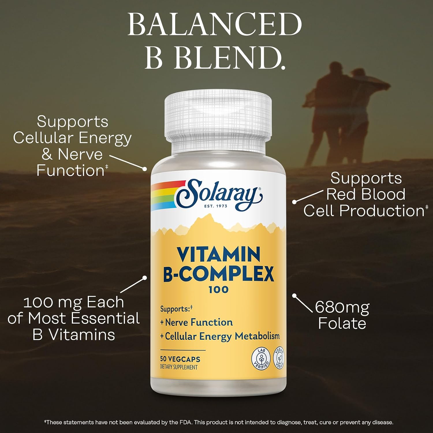 SOLARAY Complejo B 100mg - Energía Celular, Apoyo Nervioso y Cardíaco - 8 Vitaminas B - B12, B1, B2, B3, B6, Niacina, Ácido Fólico y Biotina - Vegano, 50 Cápsulas
